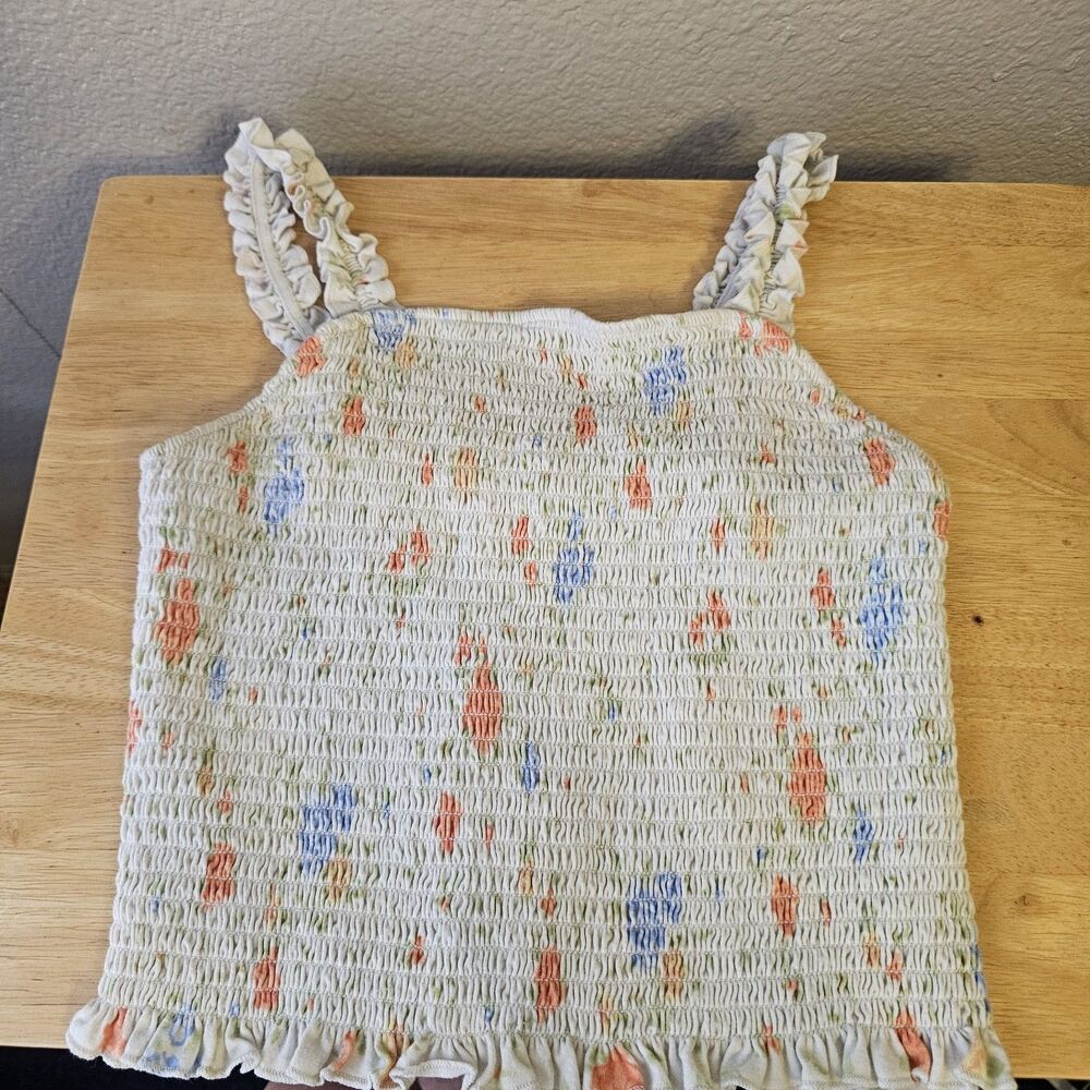 SO Women’s Smocked Floral Tank Top Ruffle Strap Peplum Blouse Sz M Summer DD724